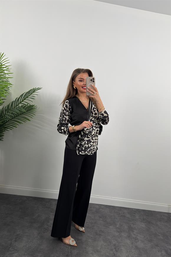Lüx Kalite İpek Saten Yakası Şeritli Kruvaze Leopar Bluz Siyah Krem