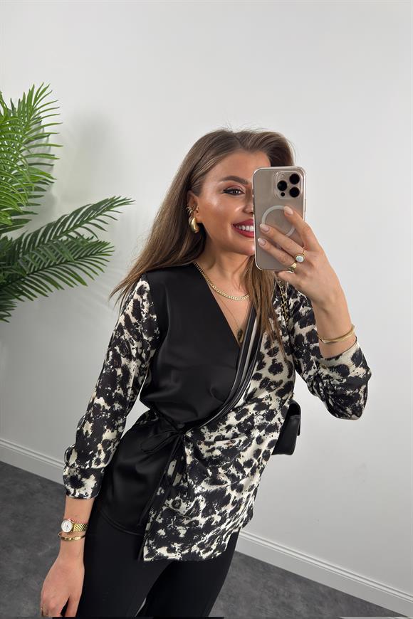 Lüx Kalite İpek Saten Yakası Şeritli Kruvaze Leopar Bluz Siyah Krem