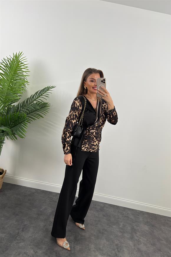 Lüx Kalite İpek Saten Yakası Şeritli Kruvaze Leopar Bluz Siyah Kahve