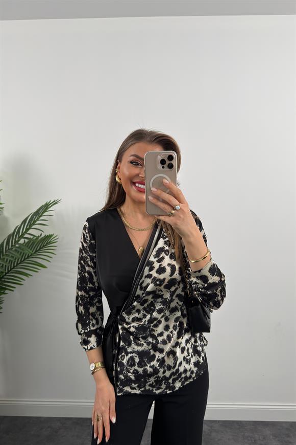 Lüx Kalite İpek Saten Yakası Şeritli Kruvaze Leopar Bluz Siyah Krem