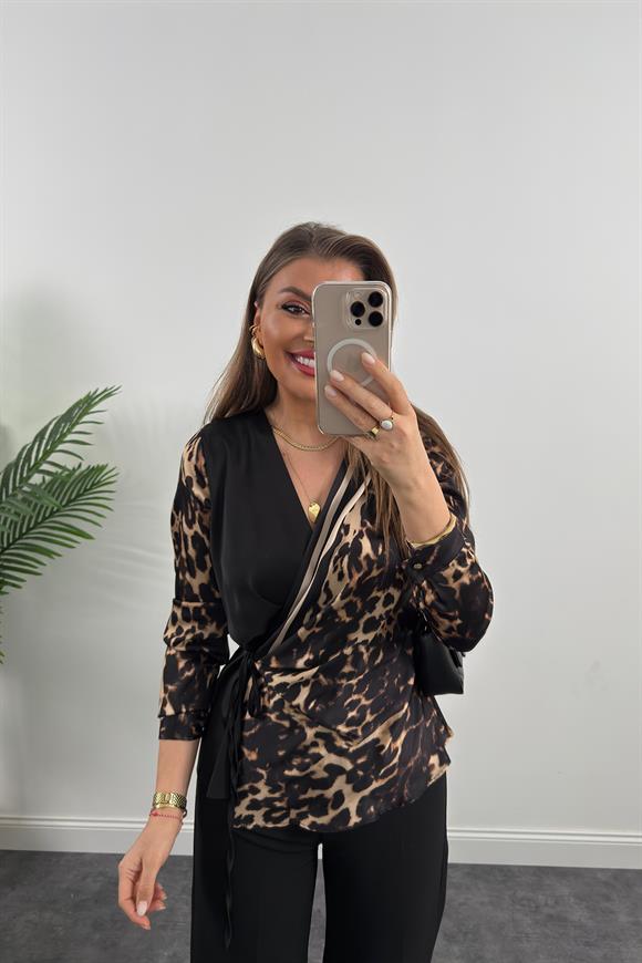 Lüx Kalite İpek Saten Yakası Şeritli Kruvaze Leopar Bluz Siyah Kahve