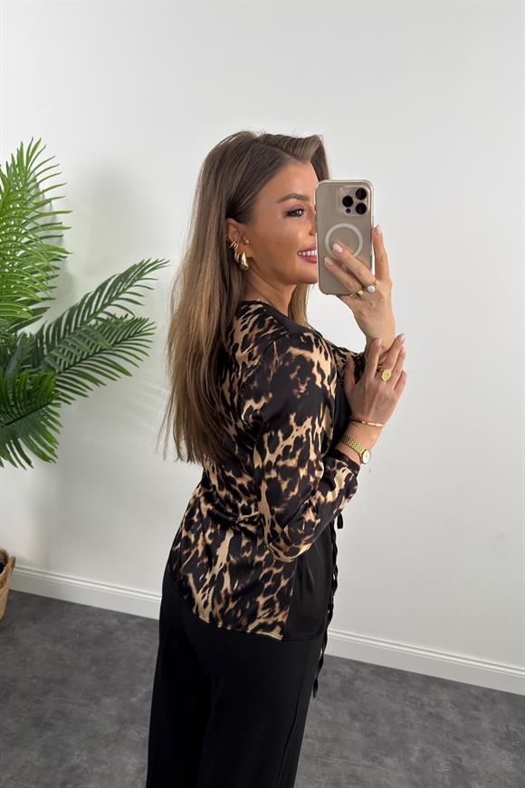 Lüx Kalite İpek Saten Yakası Şeritli Kruvaze Leopar Bluz Siyah Kahve