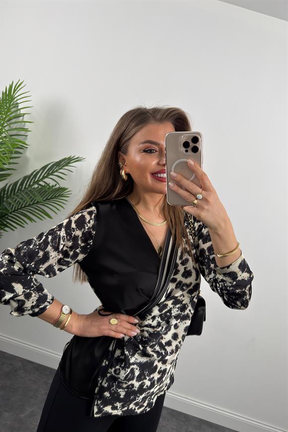 Lüx Kalite İpek Saten Yakası Şeritli Kruvaze Leopar Bluz Siyah Krem