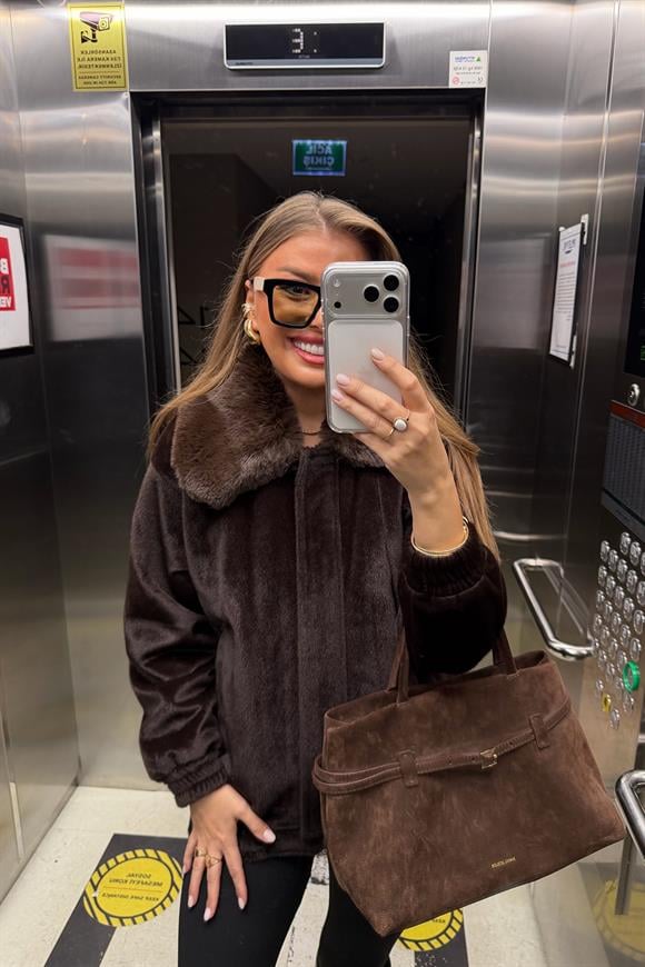 Lüx Kalite İthal Kumaş Kürk Mont Acı Kahve