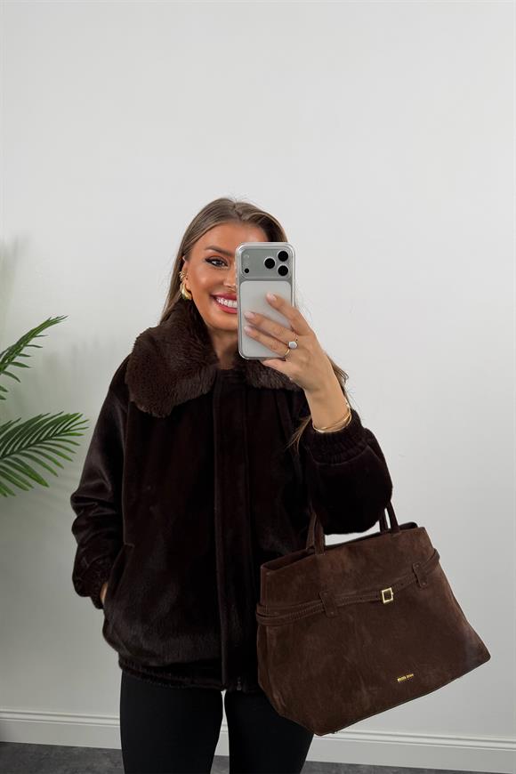 Lüx Kalite İthal Kumaş Kürk Mont Acı Kahve