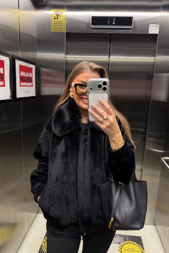 Lüx Kalite İthal Kumaş Kürk Mont Siyah