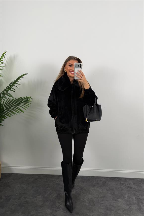 Lüx Kalite İthal Kumaş Kürk Mont Siyah