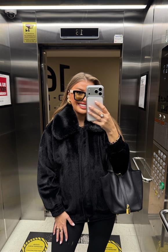 Lüx Kalite İthal Kumaş Kürk Mont Siyah