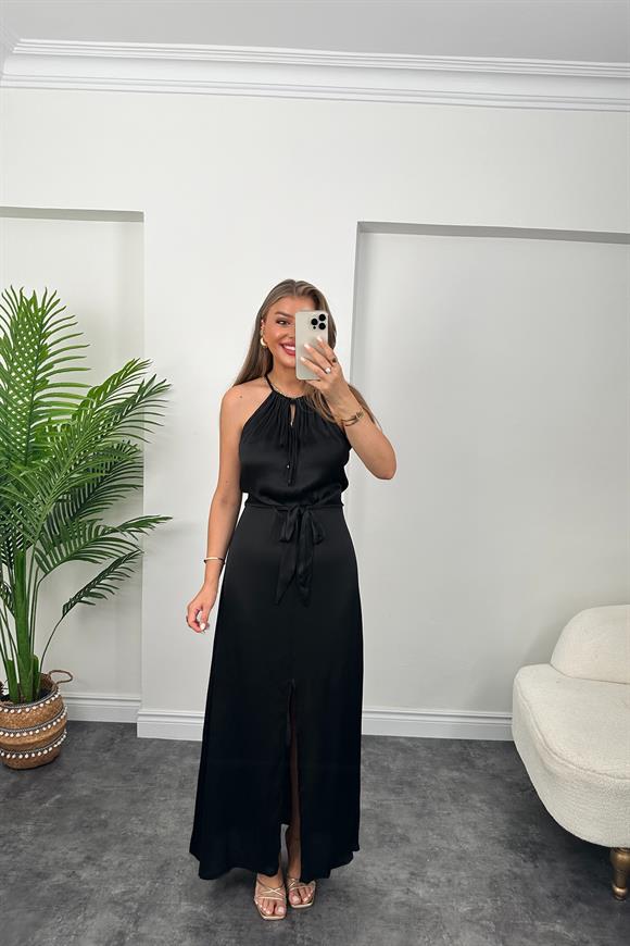 Lüx Kalite İthal Kumaş Versiyon Beli Kuşaklı Tam Boy Yırtmaçlı Elbise Siyah