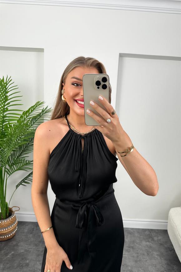 Lüx Kalite İthal Kumaş Versiyon Beli Kuşaklı Tam Boy Yırtmaçlı Elbise Siyah