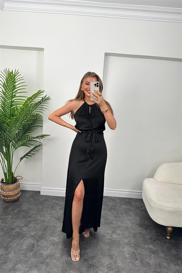 Lüx Kalite İthal Kumaş Versiyon Beli Kuşaklı Tam Boy Yırtmaçlı Elbise Siyah