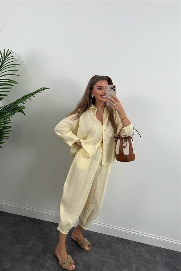 Lüx Kalite İthal Tensel Kumaş Harem Takım Pastel Sarı