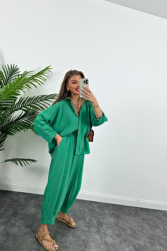 Paçası Pensli Tensel Harem Takım Tatlı Yeşil