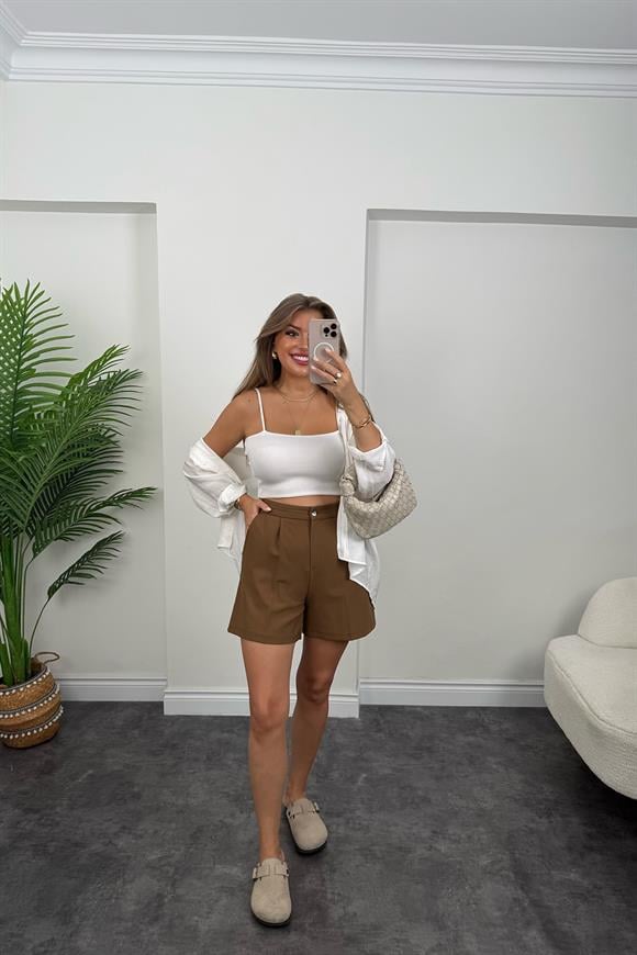 Lüx Kalite Kalın Klasik Kumaş Yüksek Bel Şehir Boy Şort Kahverengi
