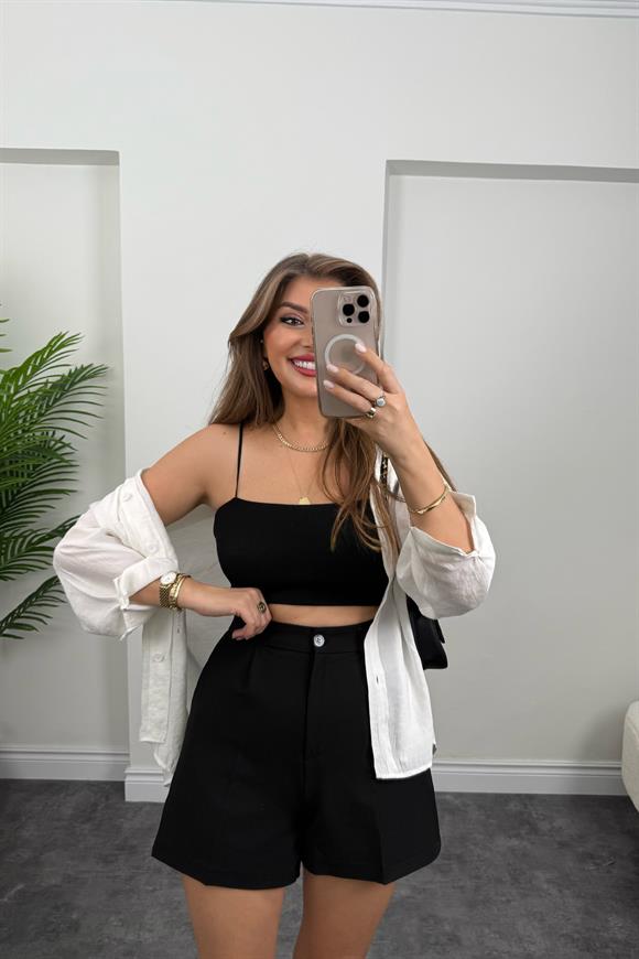 Lüx Kalite Kalın Klasik Kumaş Yüksek Bel Şehir Boy Şort Siyah