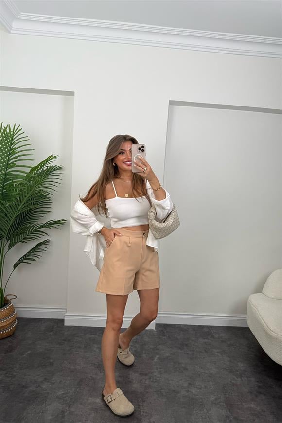 Lüx Kalite Kalın Klasik Kumaş Yüksek Bel Şehir Boy Şort Camel