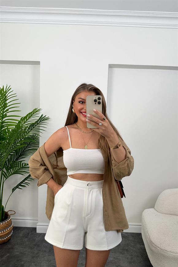 Lüx Kalite Kalın Klasik Kumaş Yüksek Bel Şehir Boy Şort Beyaz 