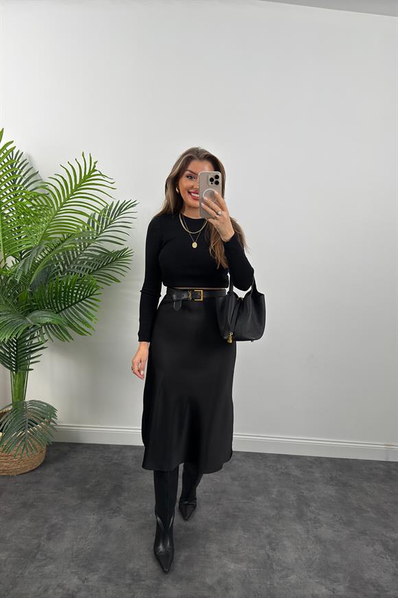 Lüx Kalite Kalın Kumaş Midi Boy Saten Etek Siyah