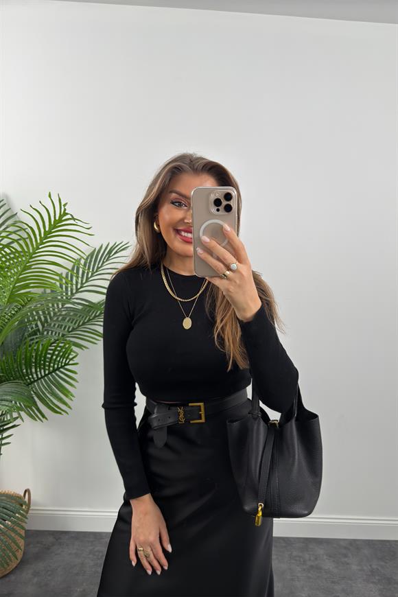 Lüx Kalite Kalın Kumaş Midi Boy Saten Etek Siyah