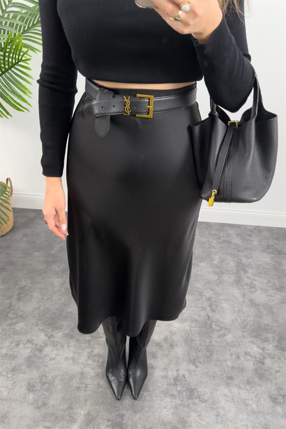 Lüx Kalite Kalın Kumaş Midi Boy Saten Etek Siyah