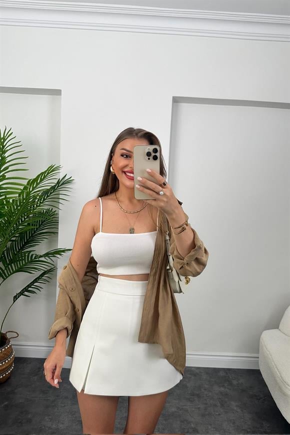 Lüx Kalite Kalın Kumaş Yüksek Bel Şehir Boy Şort Etek Beyaz 