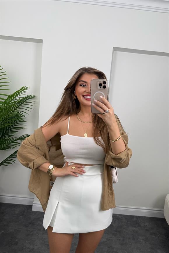 Lüx Kalite Kalın Kumaş Yüksek Bel Şehir Boy Şort Etek Beyaz 