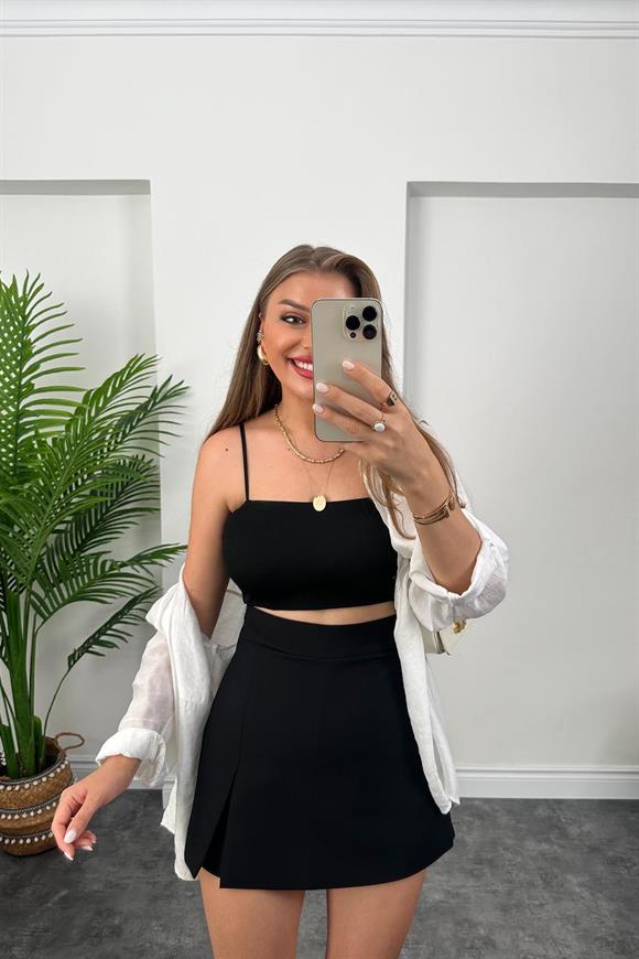 Lüx Kalite Kalın Kumaş Yüksek Bel Şehir Boy Şort Etek Siyah 