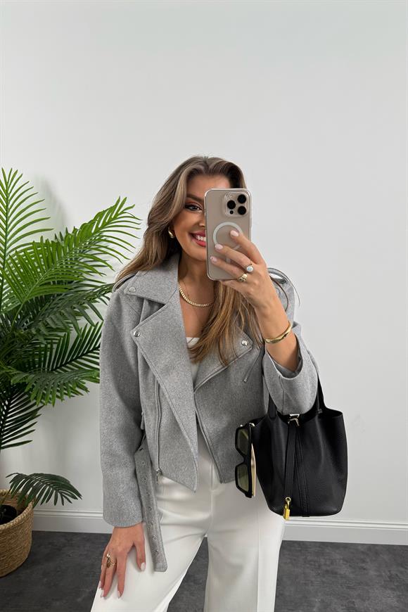 Lüx Kalite Kaşe Biker Mont Gri