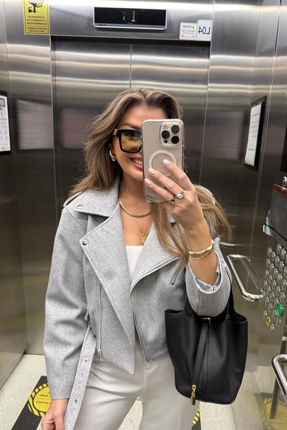 Lüx Kalite Kaşe Biker Mont Gri