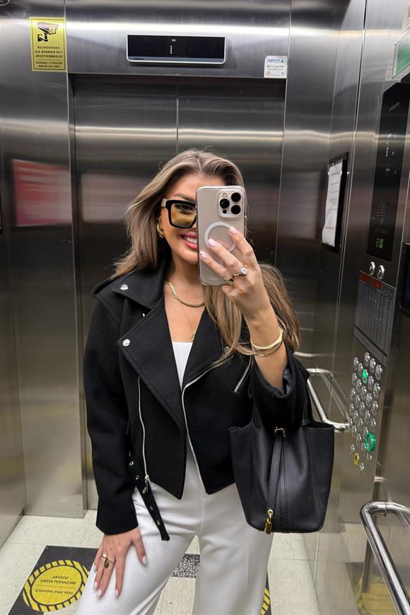 Lüx Kalite Kaşe Biker Mont Siyah