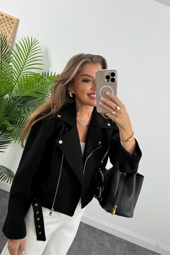 Lüx Kalite Kaşe Biker Mont Siyah