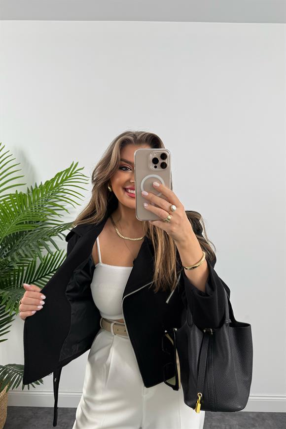 Lüx Kalite Kaşe Biker Mont Siyah