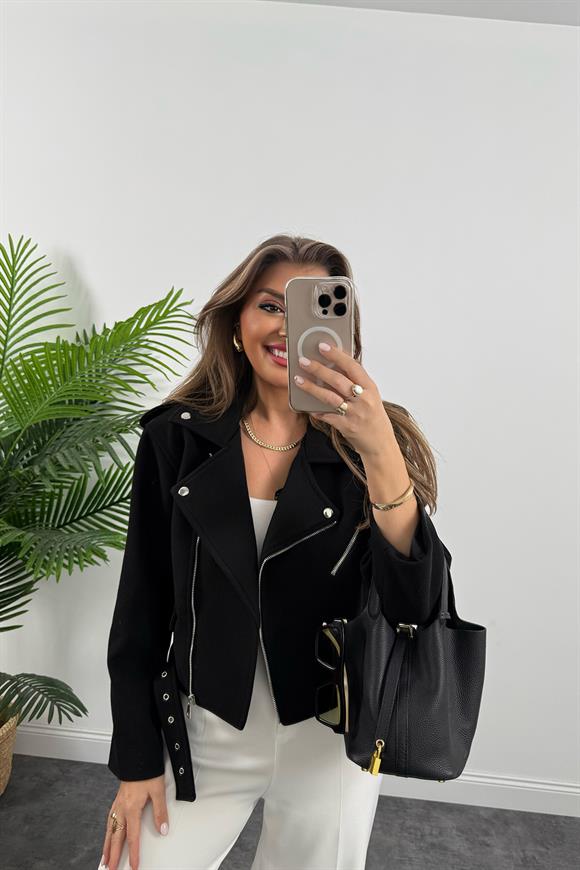 Lüx Kalite Kaşe Biker Mont Siyah