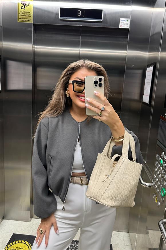 Lüx Kalite Kaşe Bomber Ceket Gri