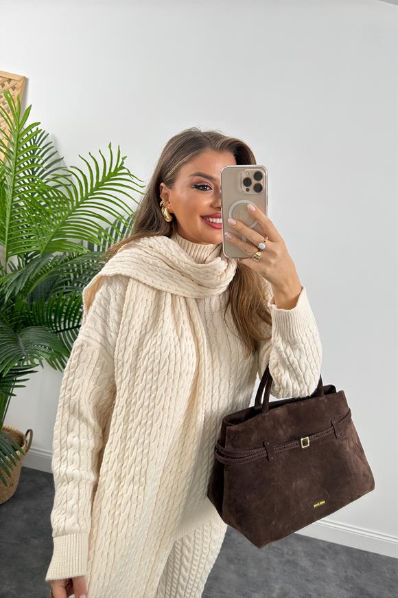 Lüx Kalite Kaşkollu 3 Parçalı Triko Takım Krem