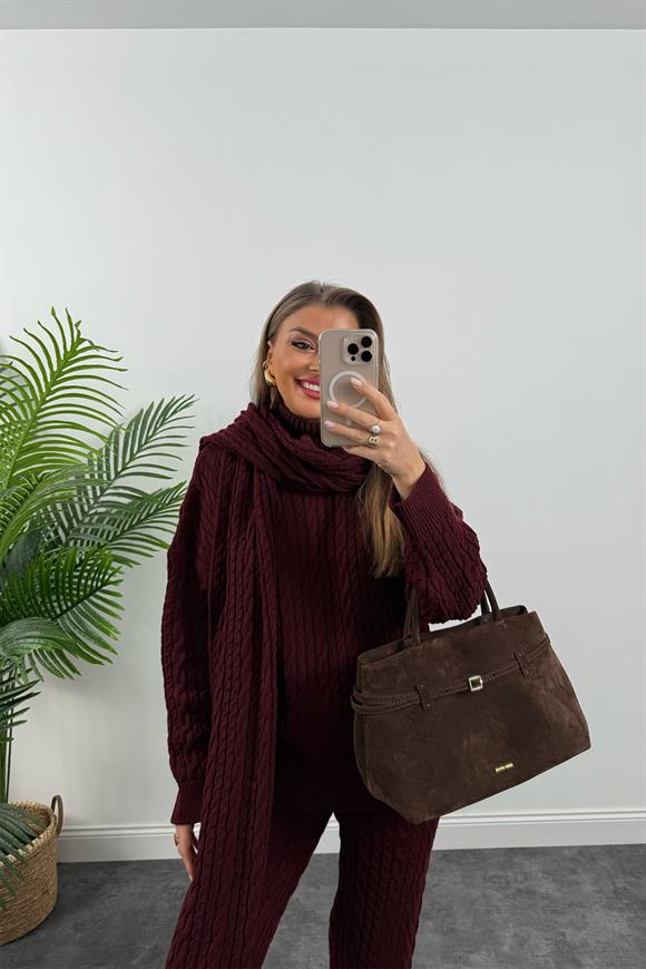 Lüx Kalite Kaşkollu 3 Parçalı Triko Takım Bordo