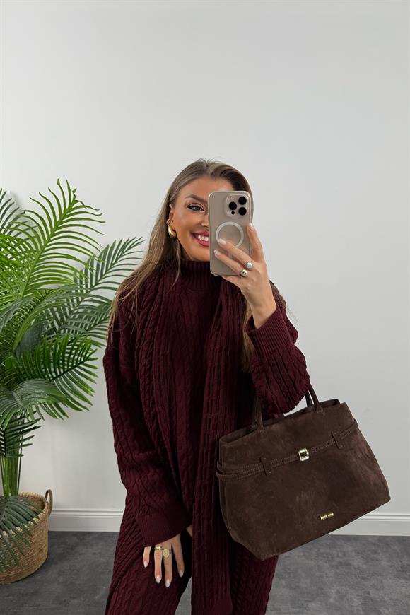 Lüx Kalite Kaşkollu 3 Parçalı Triko Takım Bordo