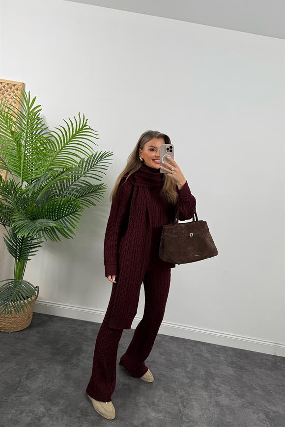 Lüx Kalite Kaşkollu 3 Parçalı Triko Takım Bordo