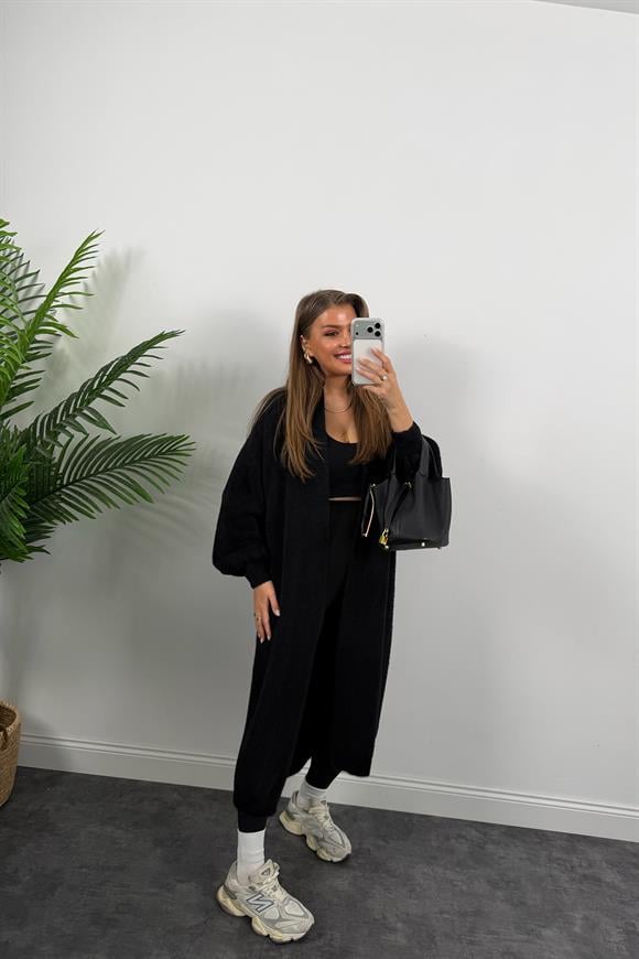 Lüx Kalite Kaşmir Dokulu Maxi Yumoş Hırka Siyah