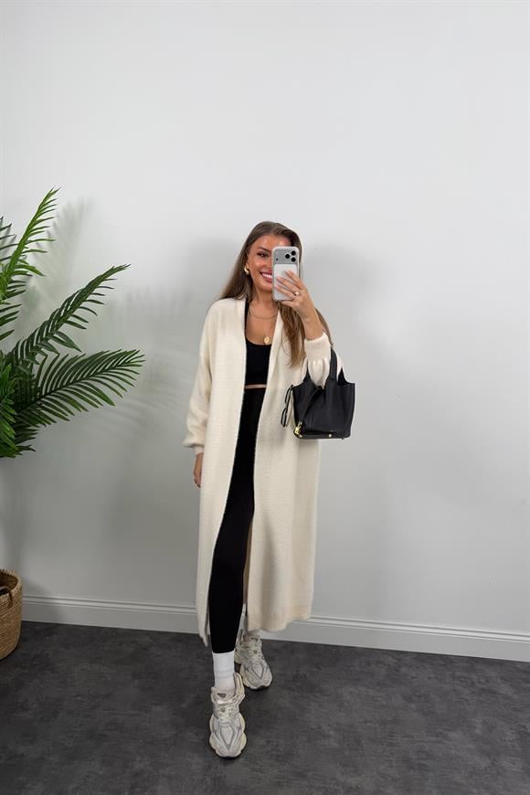 Lüx Kalite Kaşmir Dokulu Maxi Yumoş Hırka Krem