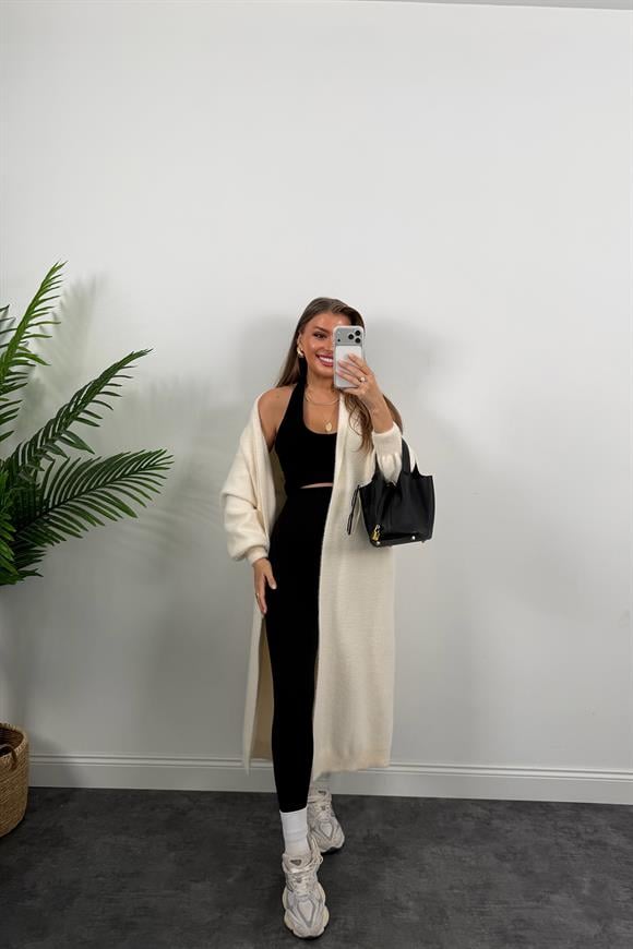 Lüx Kalite Kaşmir Dokulu Maxi Yumoş Hırka Krem