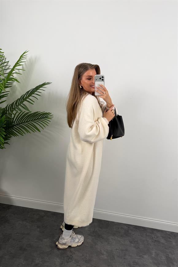 Lüx Kalite Kaşmir Dokulu Maxi Yumoş Hırka Krem