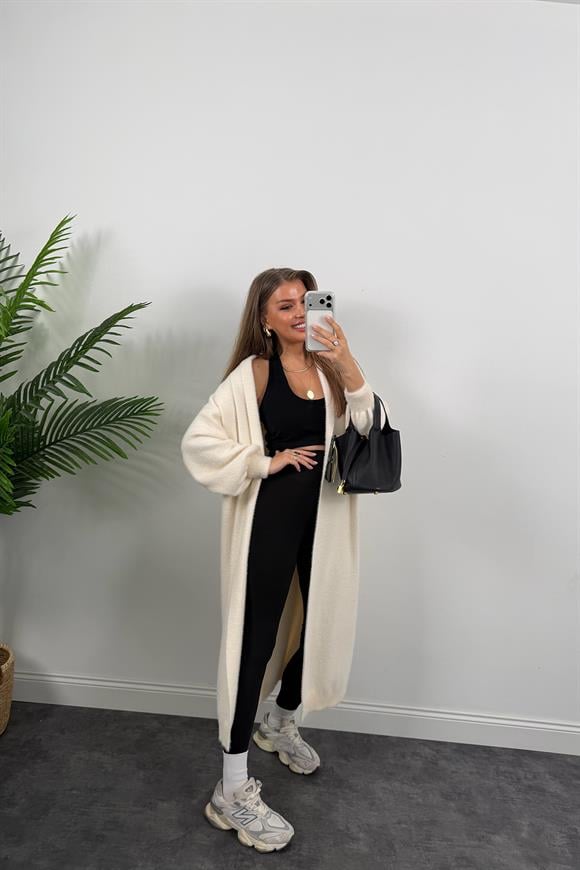 Lüx Kalite Kaşmir Dokulu Maxi Yumoş Hırka Krem