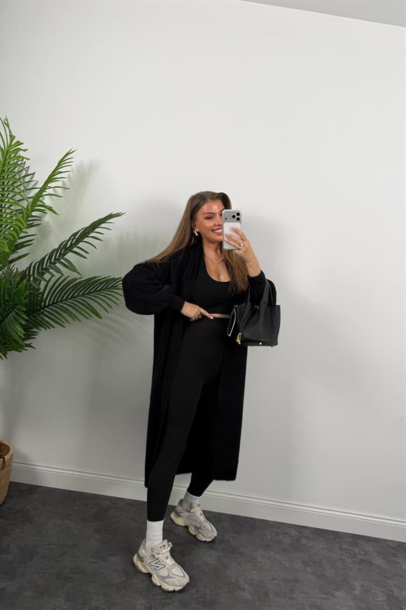 Lüx Kalite Kaşmir Dokulu Maxi Yumoş Hırka Siyah
