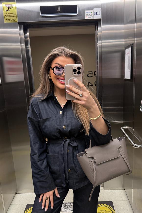 Lüx Kalite Kemerli Ceket Palazzo Tensel Jean Takım