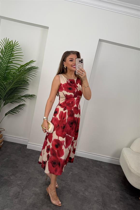 Lüx Kalite Kırmızı Gelincik Midi Boy Elbise