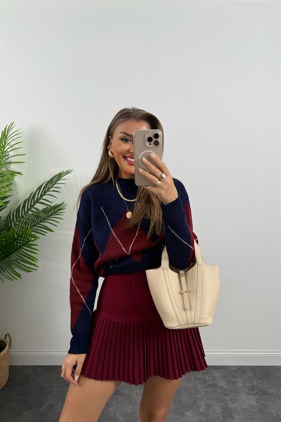 Lüx Kalite Klasik Kumaş Pliseli Etek Bordo