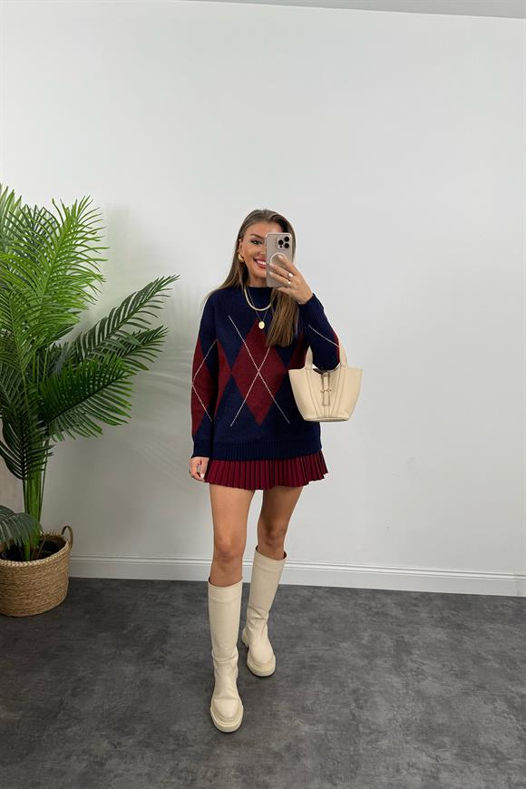 Lüx Kalite Klasik Kumaş Pliseli Etek Bordo