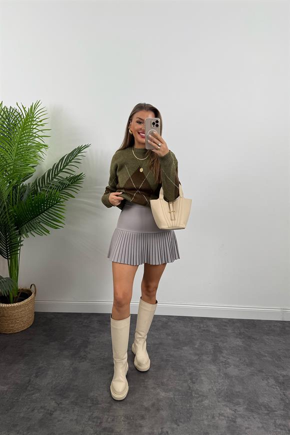 Lüx Kalite Klasik Kumaş Pliseli Etek Gri