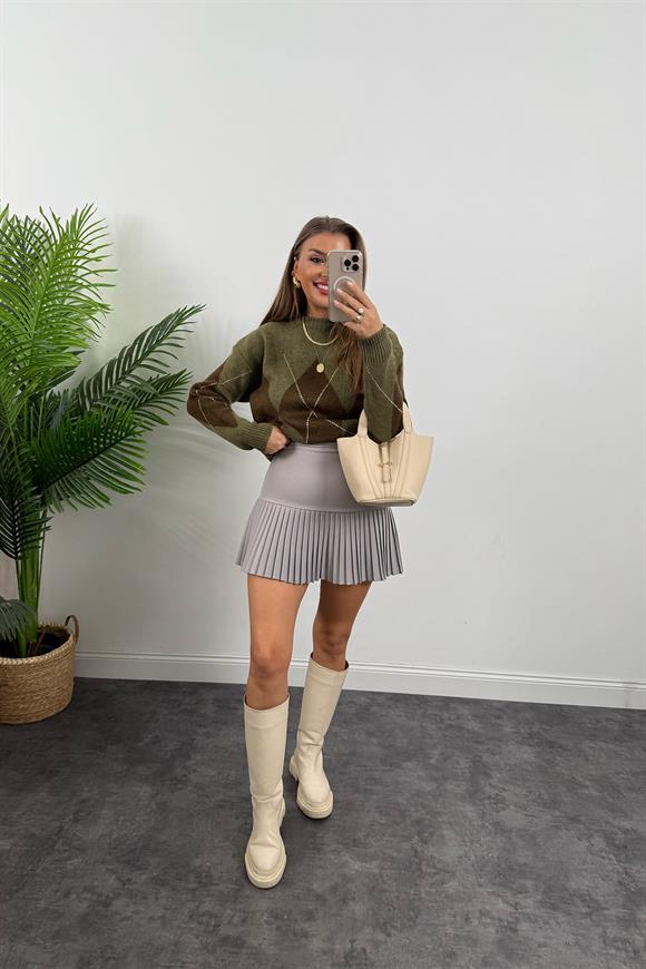 Lüx Kalite Klasik Kumaş Pliseli Etek Gri